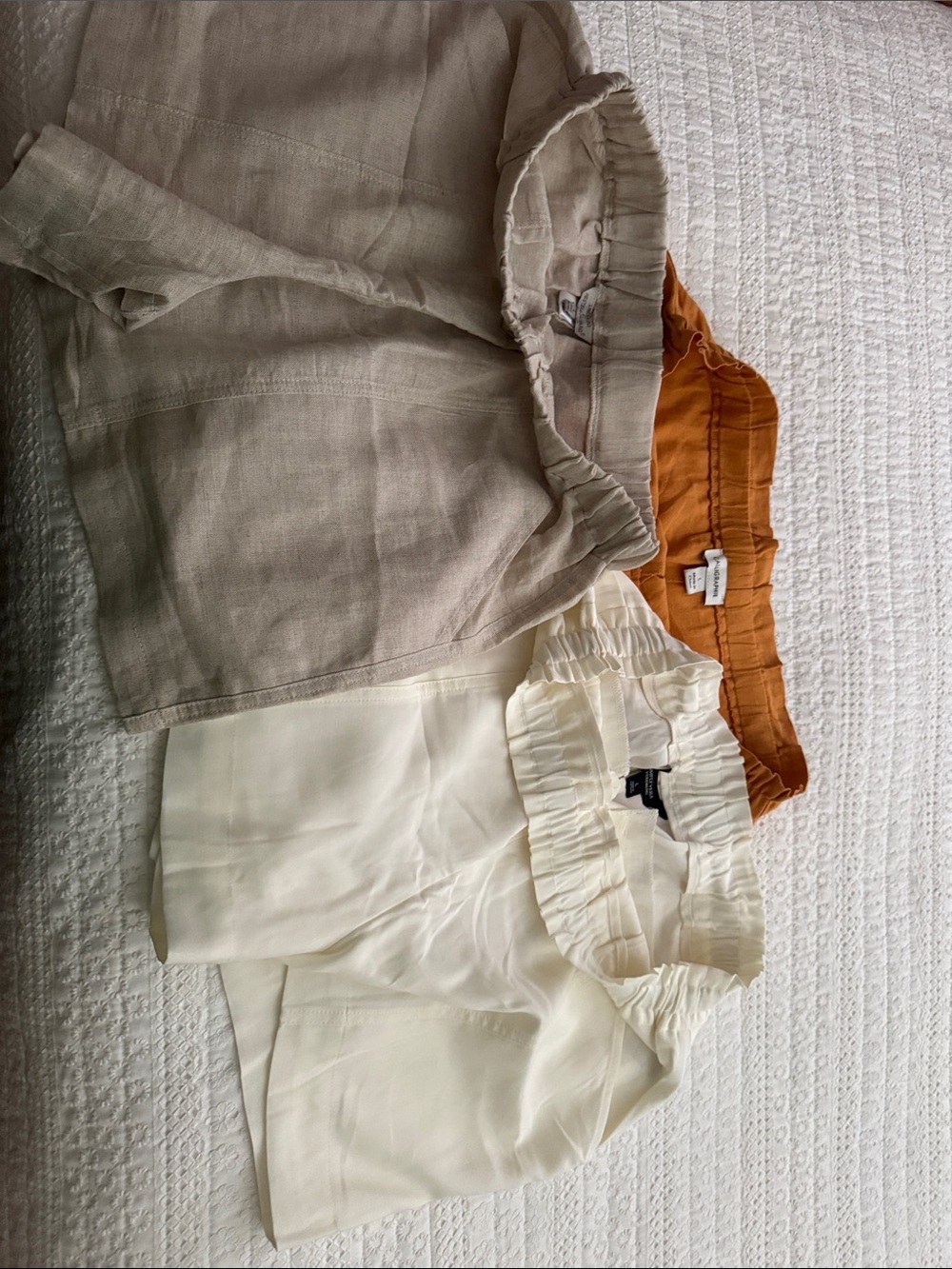 Multiples Ruffle-Waist Shorts Trio in Cream, Tan & Brown